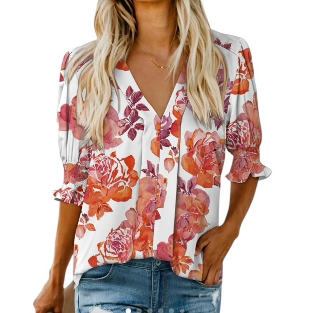 New Plus Size Summer V Neck White Floral Blouse